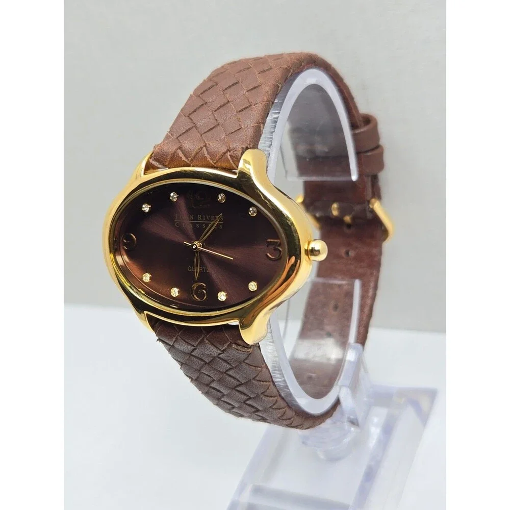Joan Rivers Classics Womens Brown Dial Gold Tone Oval Sunburst Watch New Battery